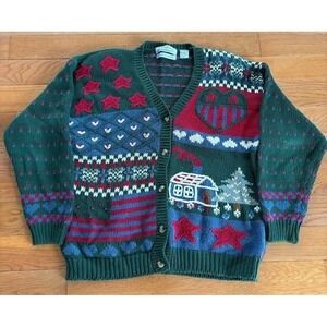 Signature By Northern Isles Cardigan Sweater Womens L Hand Knitted Flag Stars‎